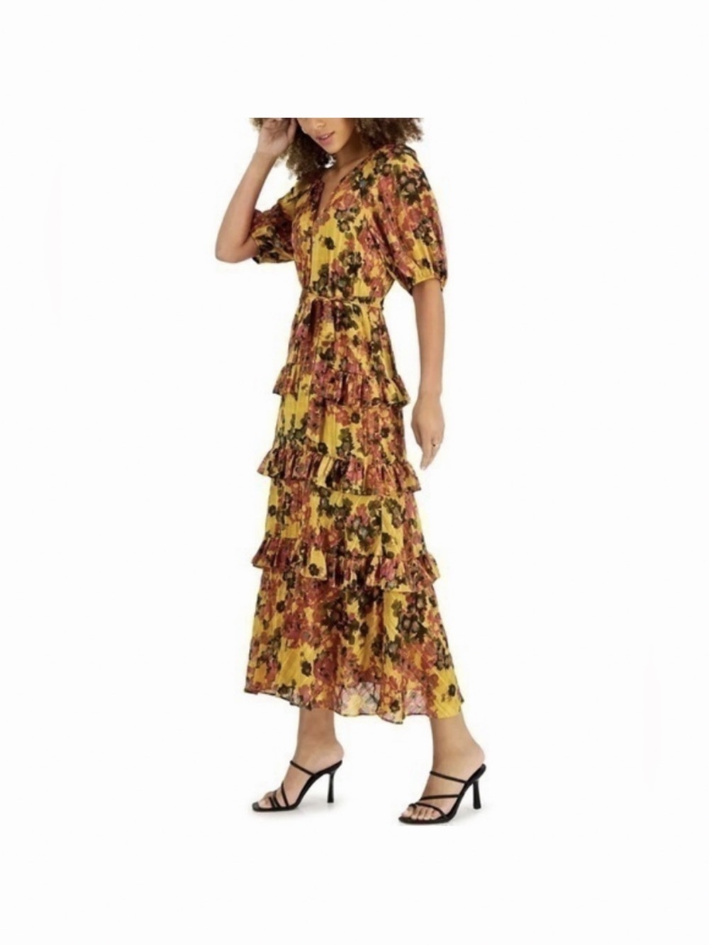 TAYLOR Floral Chiffon Puffed Sleeve Tiered Ruffled Maxi Dress Women's Sz Plus 16